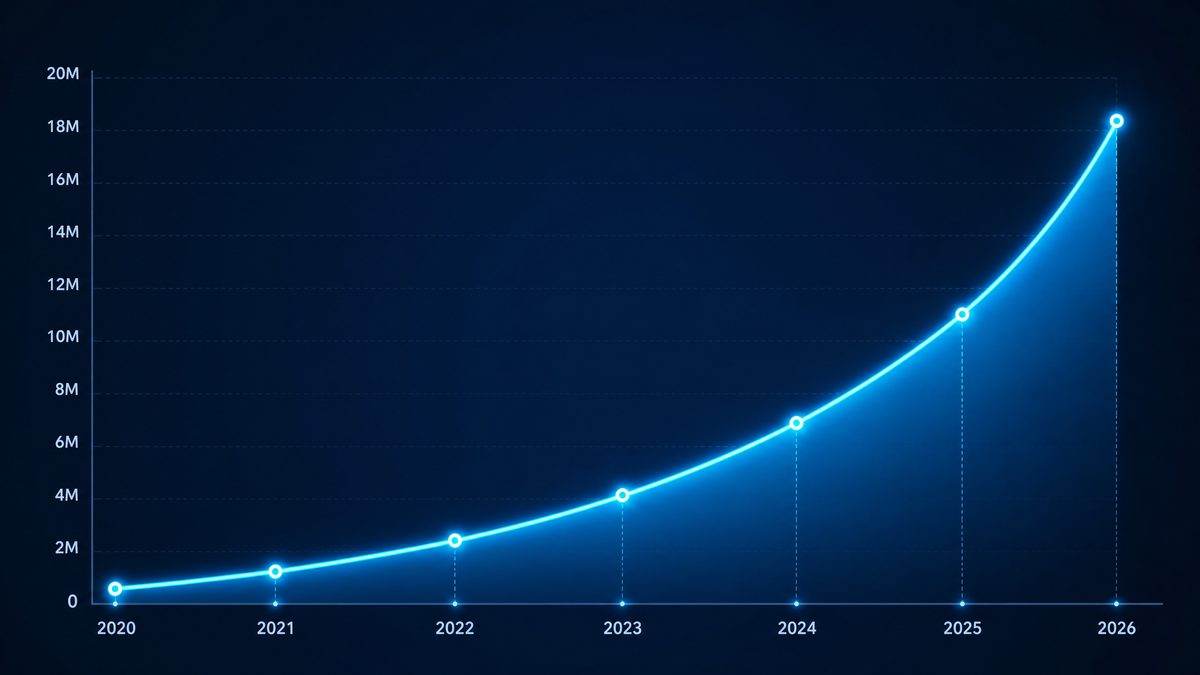 菠萝视频用户增长数据图表,展示2020-2026年注册用户从50万增长至1800万的趋势